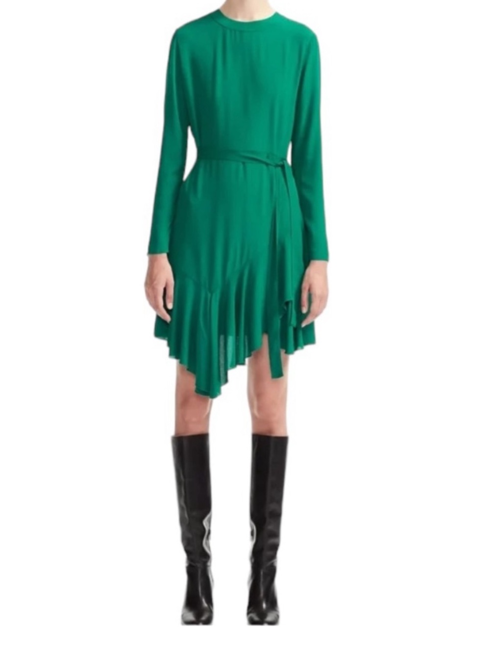 Maje Romea Emerald Green High-Low Ruffle Hem Dress Size Small